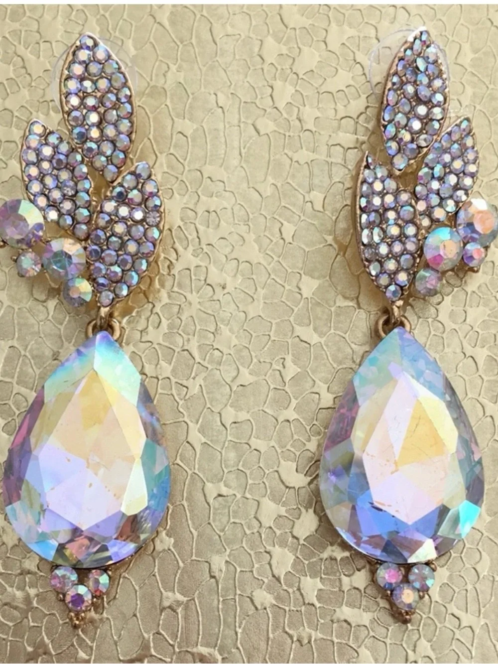 Iridescent Teardrop Rhinestone Dangle Earrings - Gold Tone AB crystal